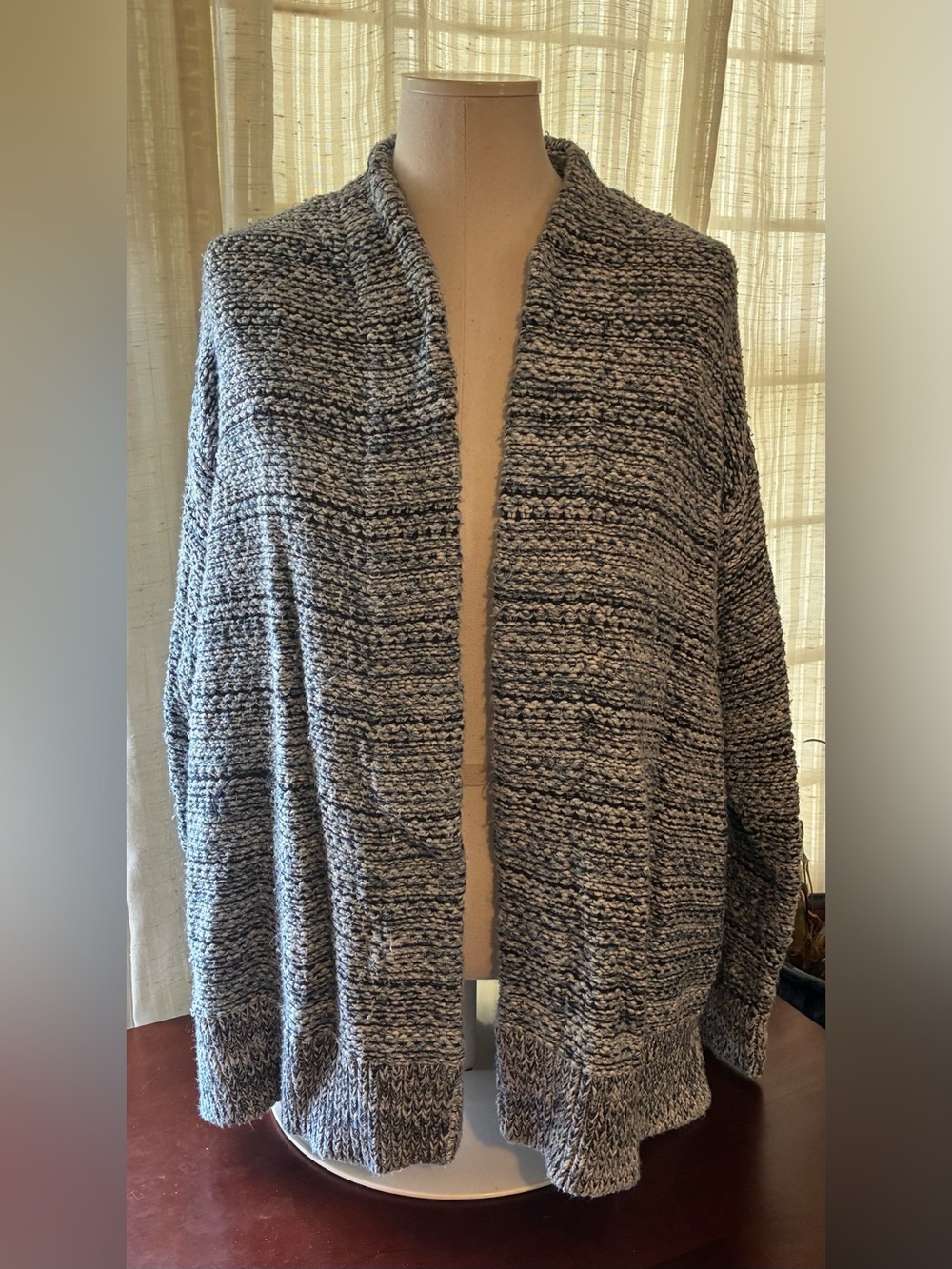 Chaps 1X Chunky Knit Cardigan Navy Cream Open-Front Pockets - Picture 3 of 5